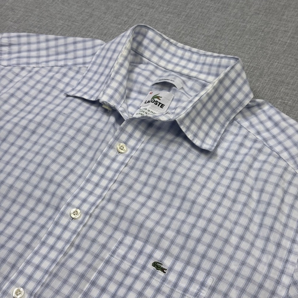 Lacoste Button-Up Shirt Mens 40 Blue Check Short Sleeve Slim‎ Cotton Croc
